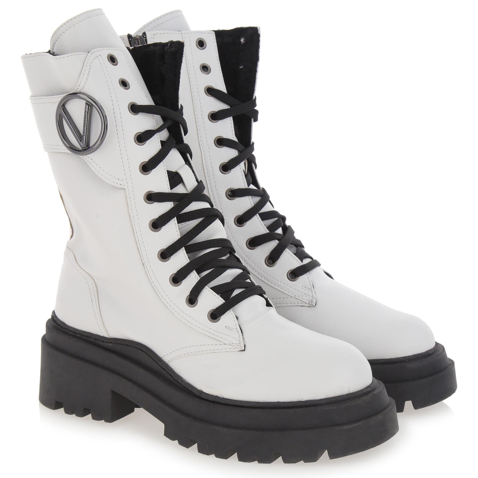 White leather lace-up boots